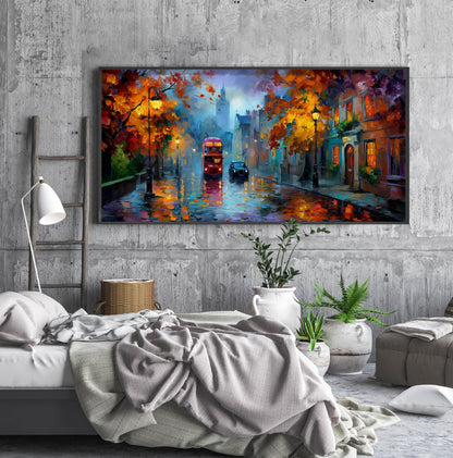 London Bus Art Print – Rainy London Wall Art – Panoramic Cityscape