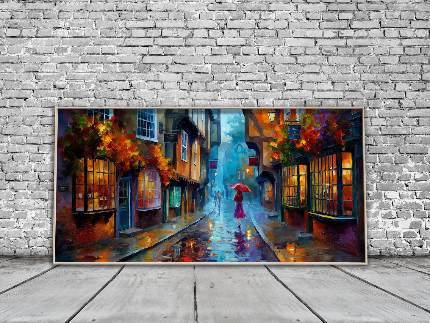 York Shambles Art Print – Rainy York Wall Art – Colourful Umbrella Panoramic Print