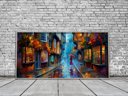 York Shambles Art Print – Rainy York Wall Art – Colourful Umbrella Panoramic Print
