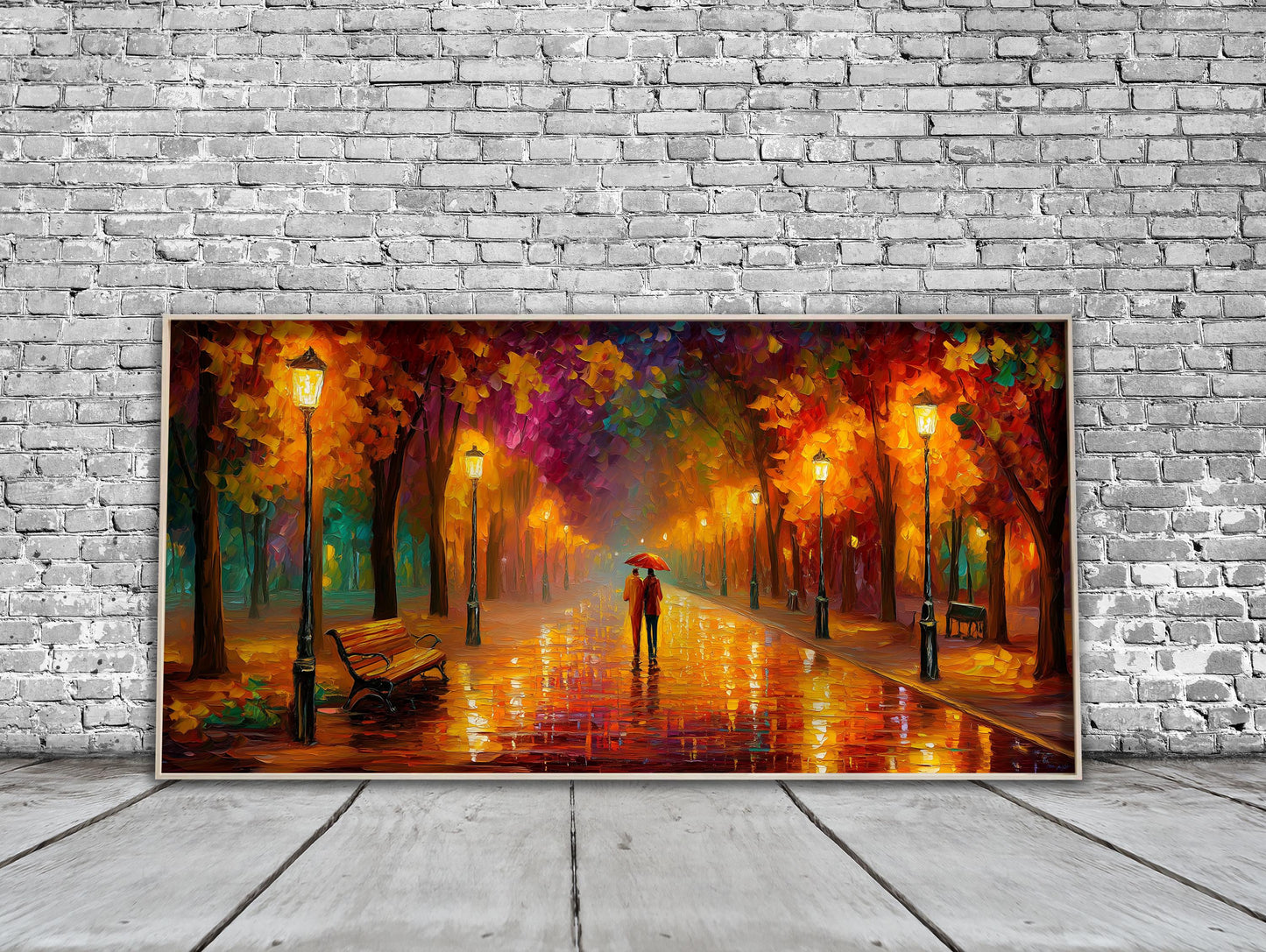 Romantic Umbrella Wall Art – Rainy Autumn Park Print – Panoramic Landscape Art