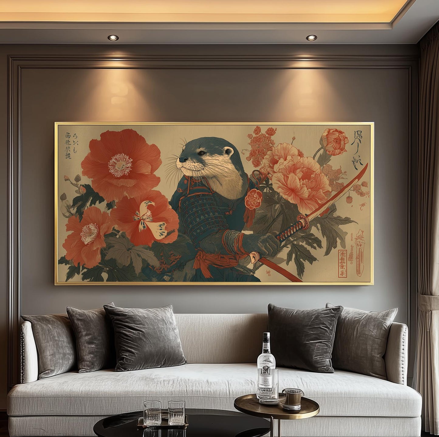 Japanese Samurai Otter Panoramic Art Print - Ukiyo-e Animal Poster, Zen Japandi Woodblock Décor, Floral Katana Artwork for Living Room