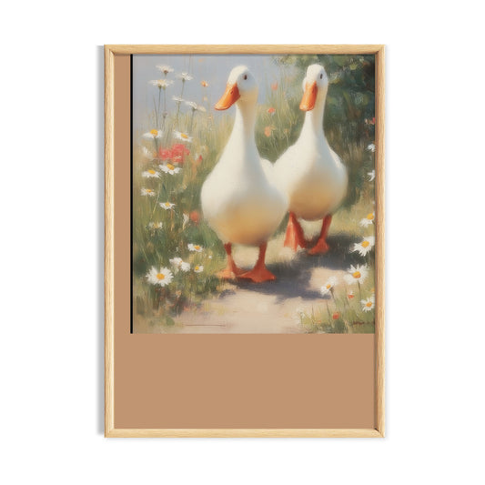 Two white ducks walking along a flower-lined country path in a soft cottagecore scene