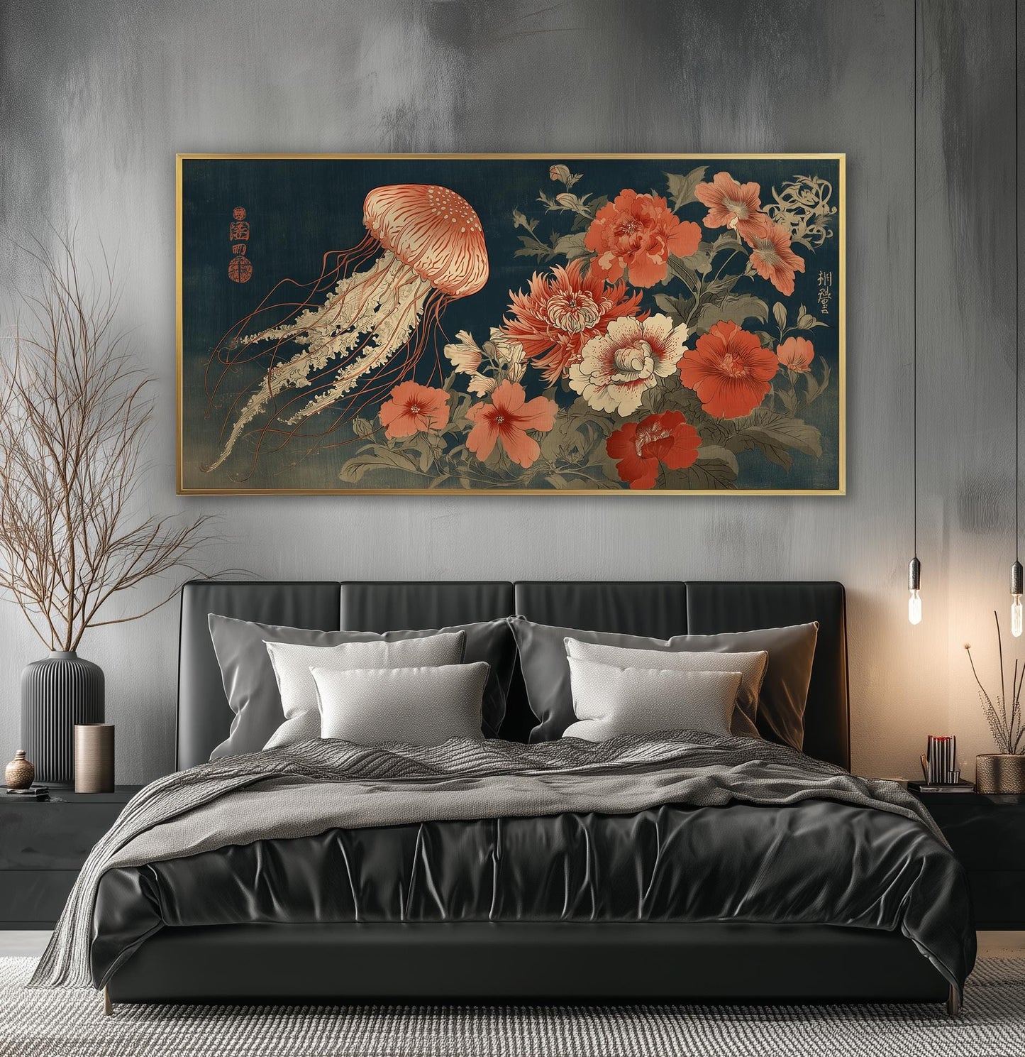 Jellyfish Poster, Ukiyo-e Floral Art, Japanese Panoramic Print