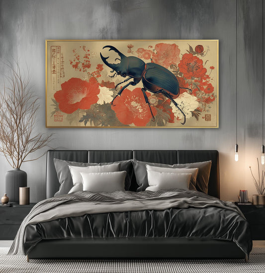 Horned Beetle Print, Vintage Japanese Panoramic Wall Art
