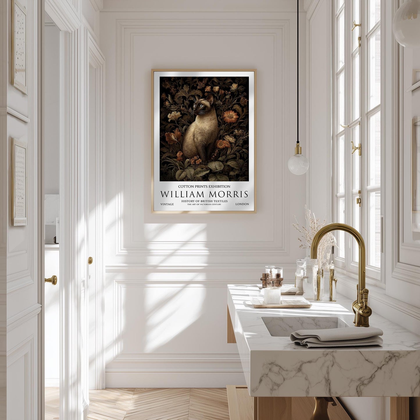 Siamese Cat Art Print, William Morris Style Floral Poster, Vintage Wall Art