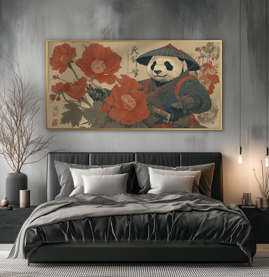 Japanese Panda Print, Ukiyo-e Floral Poster, Panoramic Wall Art Beige Living room Wall Decor