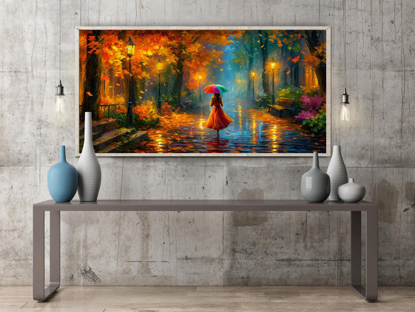 Colourful Umbrella Autumn Park PANORAMIC WALL ART Picture Print