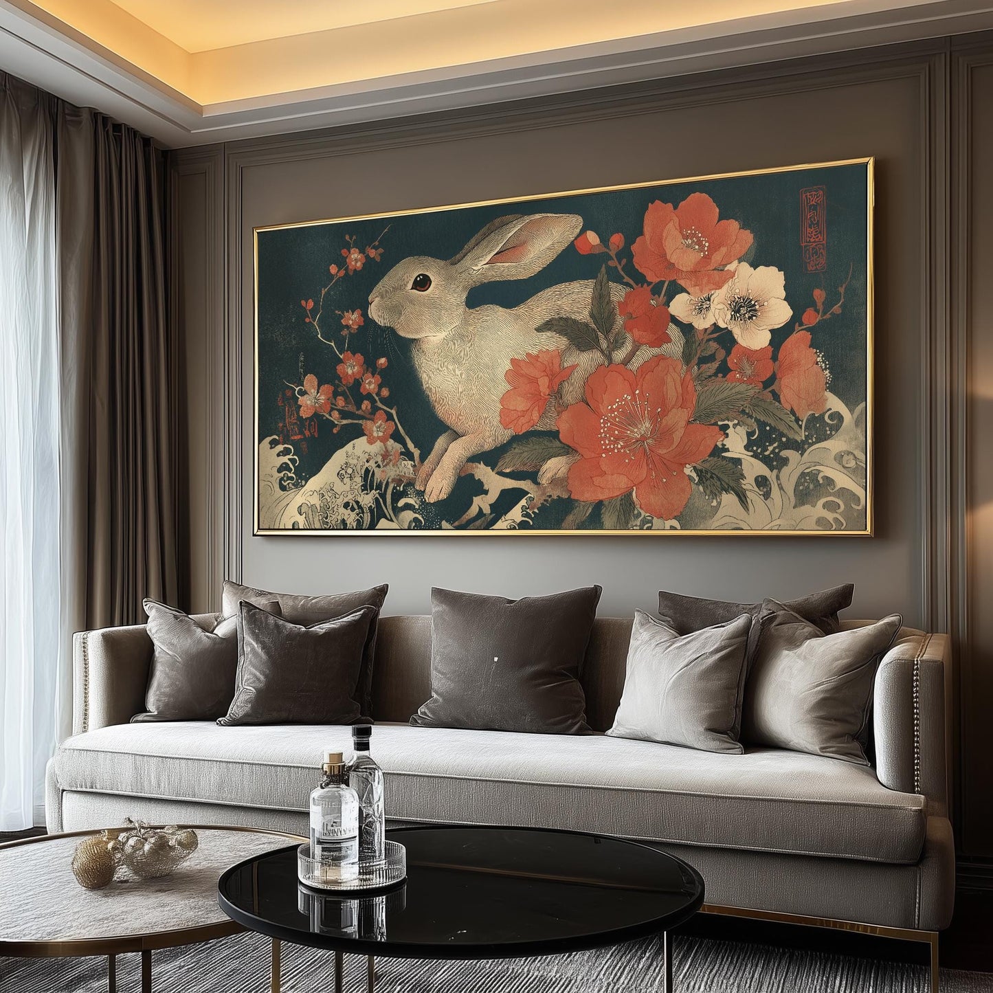 Japanese Rabbit Ukiyo-e Print: Floral Wave Art, Japandi Decor