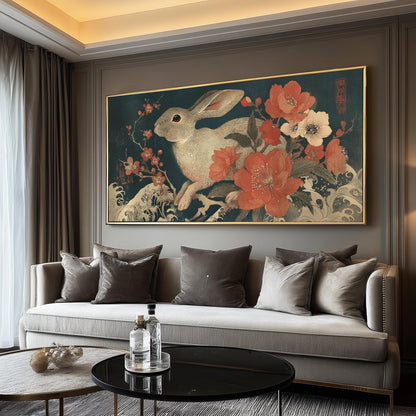 Japanese Rabbit Ukiyo-e Print: Floral Wave Art, Japandi Decor