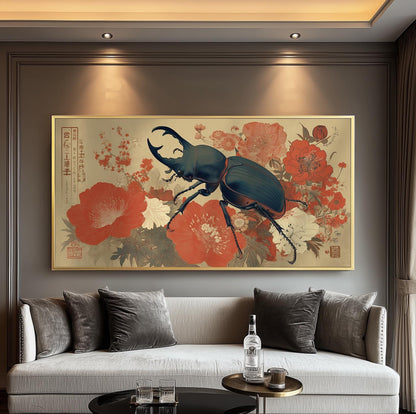 Horned Beetle Print, Vintage Japanese Panoramic Wall Art