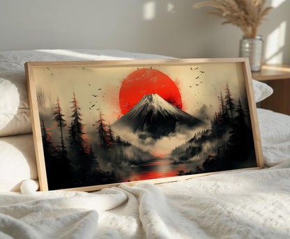 Japanese Fuji Mountain Art Print: Red Sun Zen Landscape