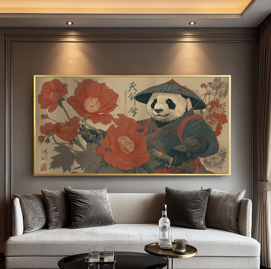 Japanese Panda Print, Ukiyo-e Floral Poster, Panoramic Wall Art Beige Living room Wall Decor