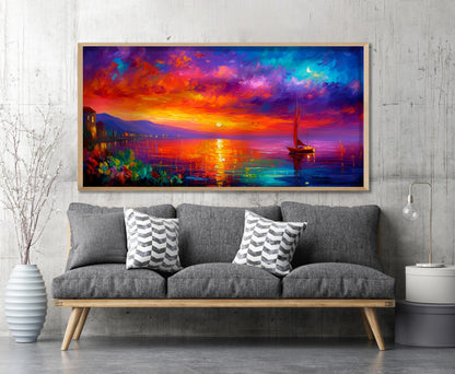 Sunset Seascape Art Print – Panoramic Sailboat Wall Art – Colourful Ocean Painting