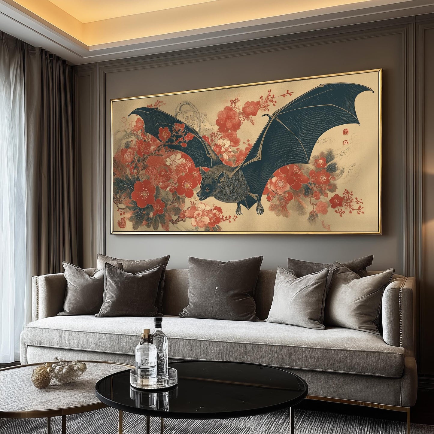 Ryukyu Flying Fox Panoramic Poster Japanese Ukiyo-e Woodblock, Cherry Blossom