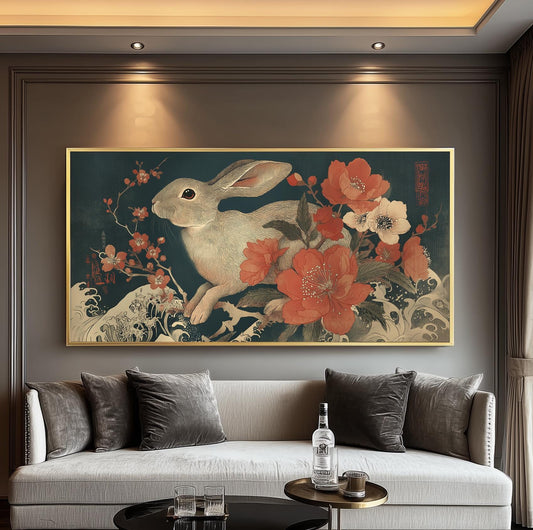 Japanese Rabbit Ukiyo-e Print: Floral Wave Art, Japandi Decor