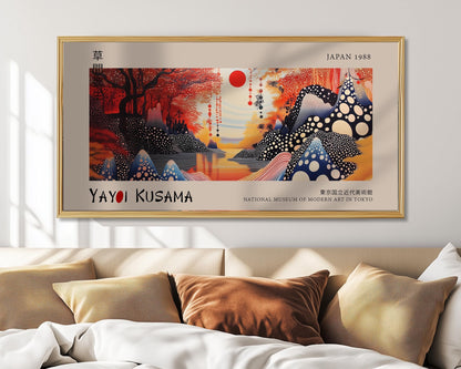 Japanese Landscape Panoramic Art – Red Sun Print – Abstract Wall Art