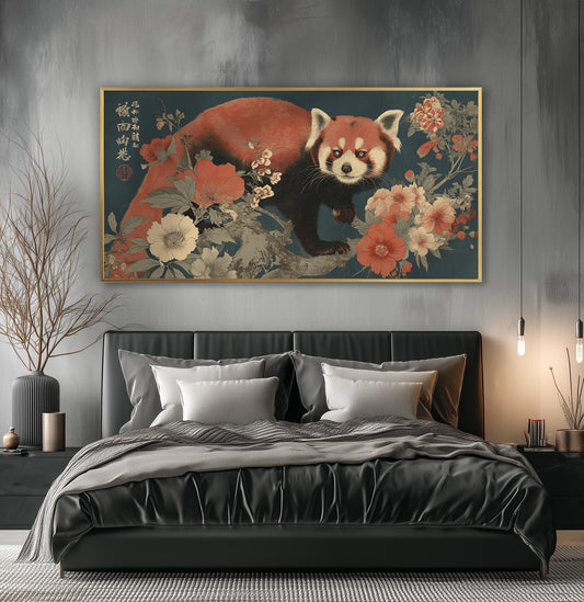 Japanese Red Panda Panoramic Art Print - Wabi sabi Floral Poster, Japandi Woodblock Décor, Ukiyo-e Animal Décor Artwork for Living Room