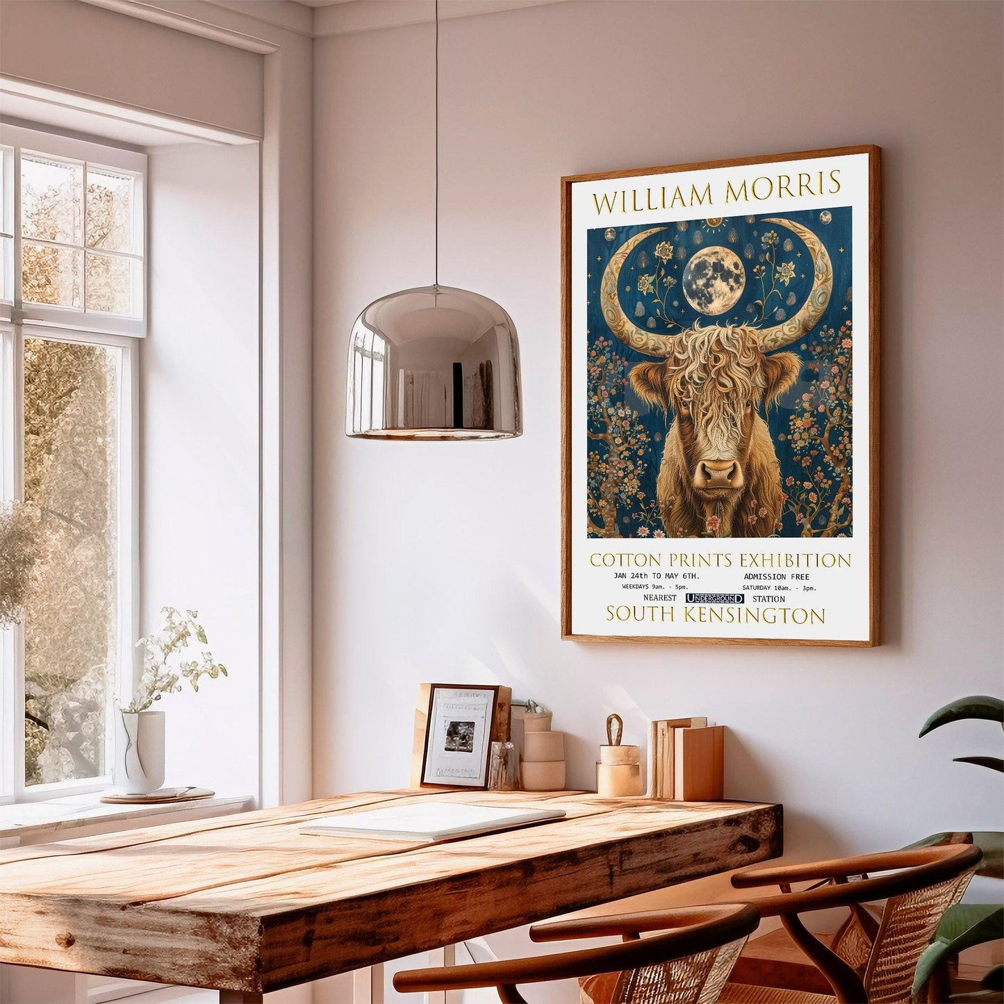William Morris Wall Art – Vintage Floral Print With Highland Cow Design