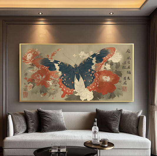 Japanese Butterfly Poster, Vintage Panoramic Print, Ukiyo-e Woodblock Style, Beige Wall Art