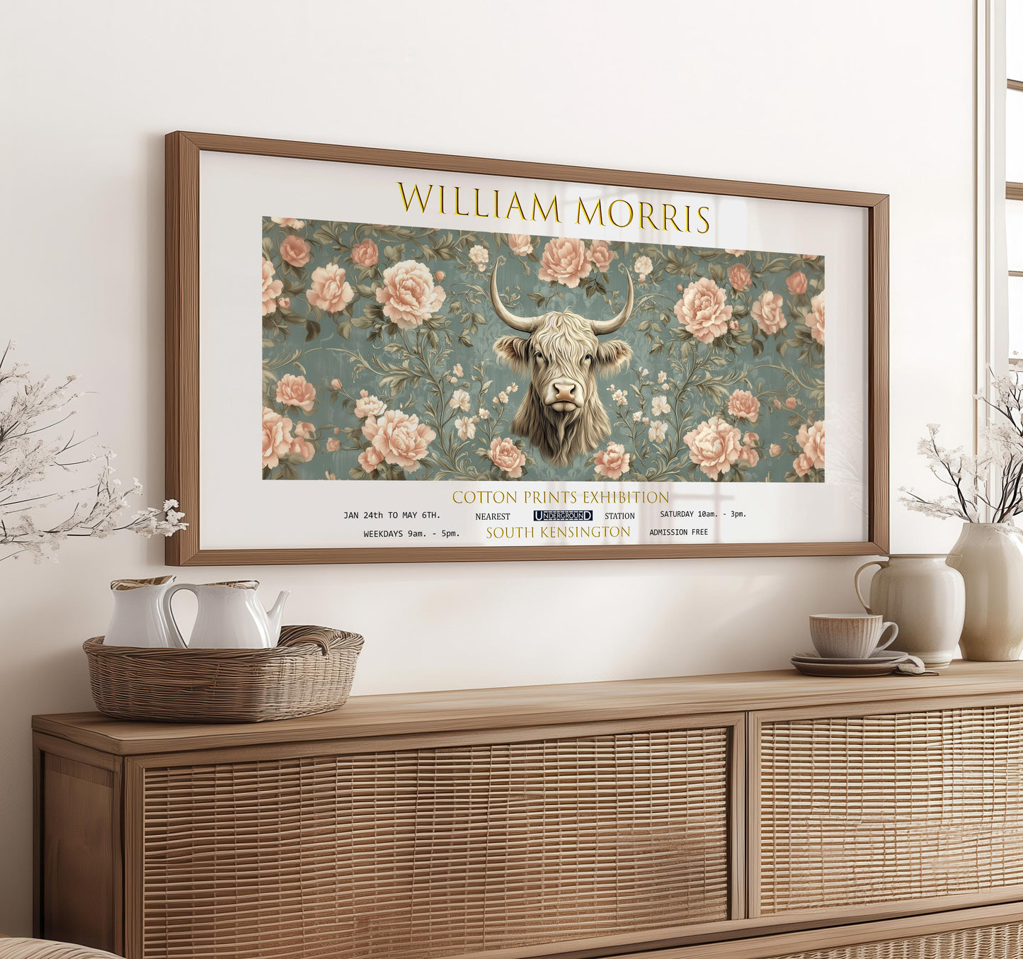 William Morris Highland Cow Floral Print: Vintage Exhibition Art