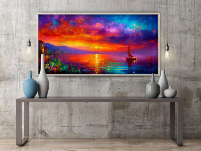 Sunset Seascape Art Print – Panoramic Sailboat Wall Art – Colourful Ocean Painting