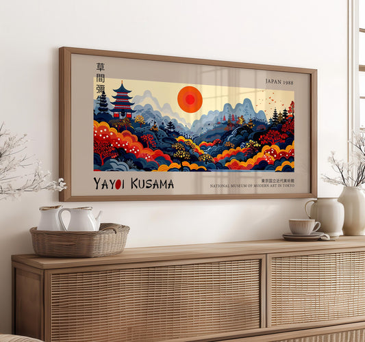 Yayoi Kusama Inspired Japanese Landscape Print: Red Sun Art