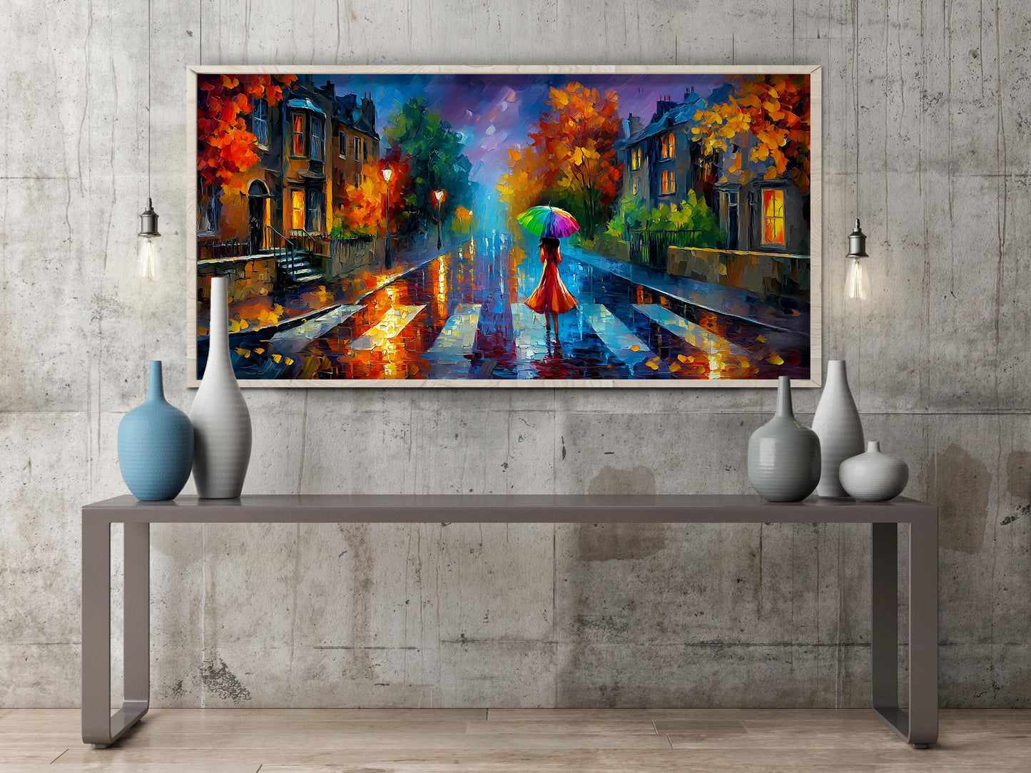 Abbey Road London Print – Rainy London Wall Art – Colourful Umbrella Panoramic Print