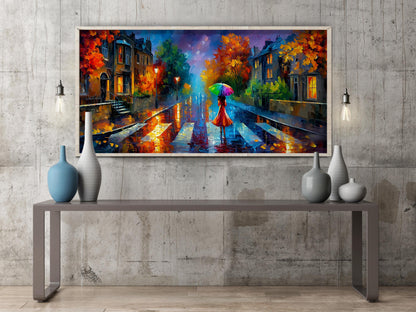 Abbey Road London Print – Rainy London Wall Art – Colourful Umbrella Panoramic Print