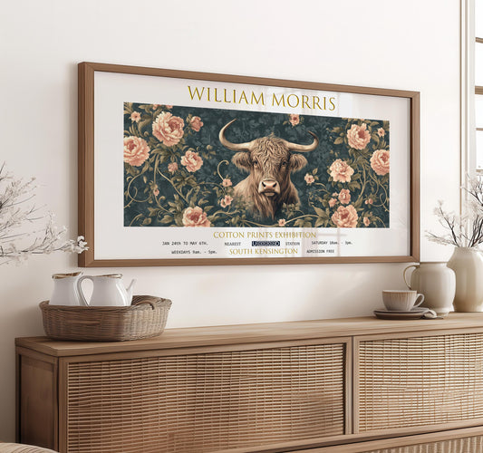 Print, Highland Cow William Morris Floral, Panoramic Cottagecore Wall Art
