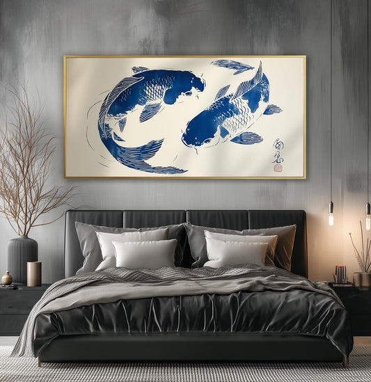 Japanese Panoramic Print – Blue koi fish – Minimalist Wall Décor