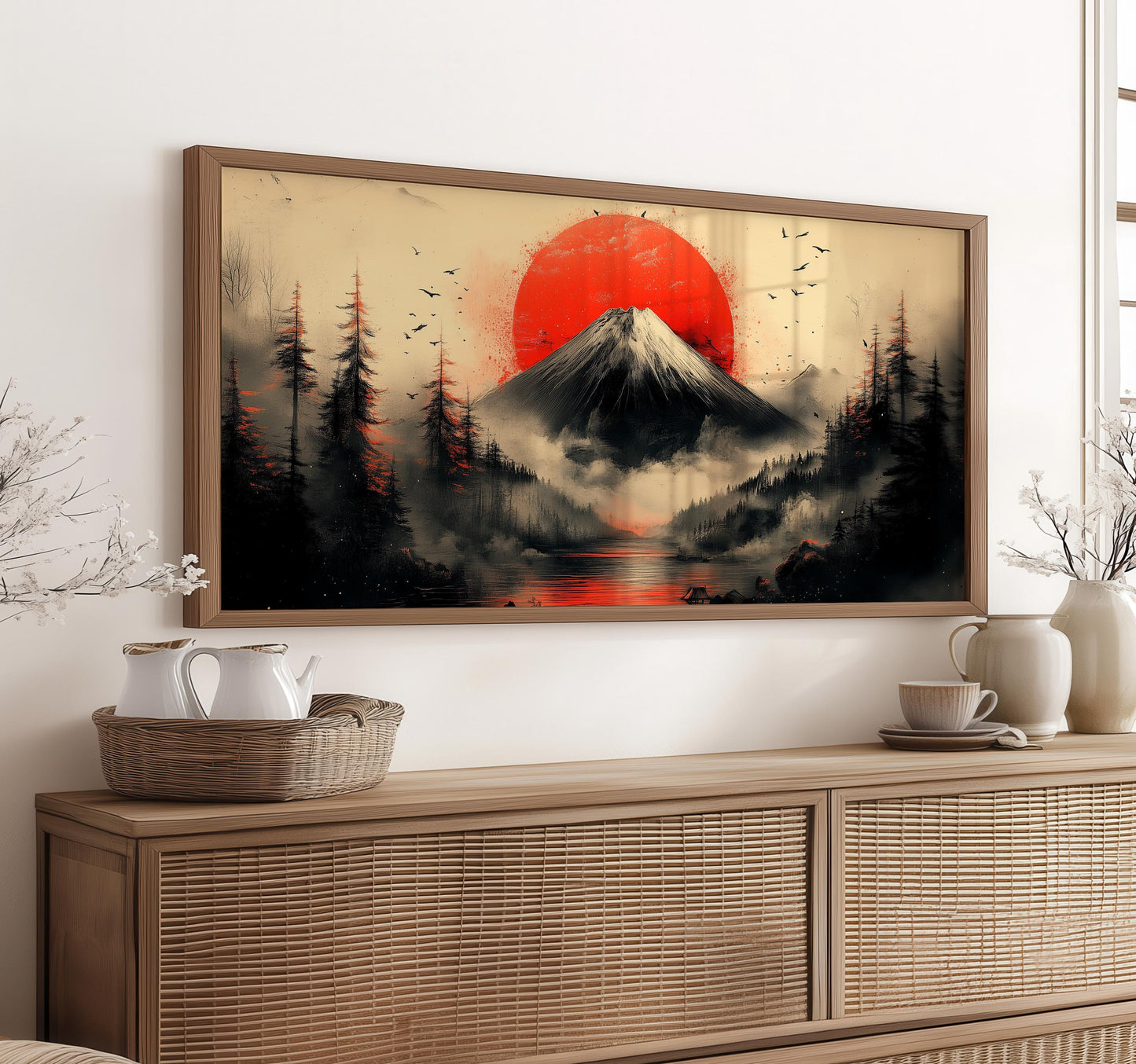 Japanese Fuji Mountain Art Print: Red Sun Zen Landscape