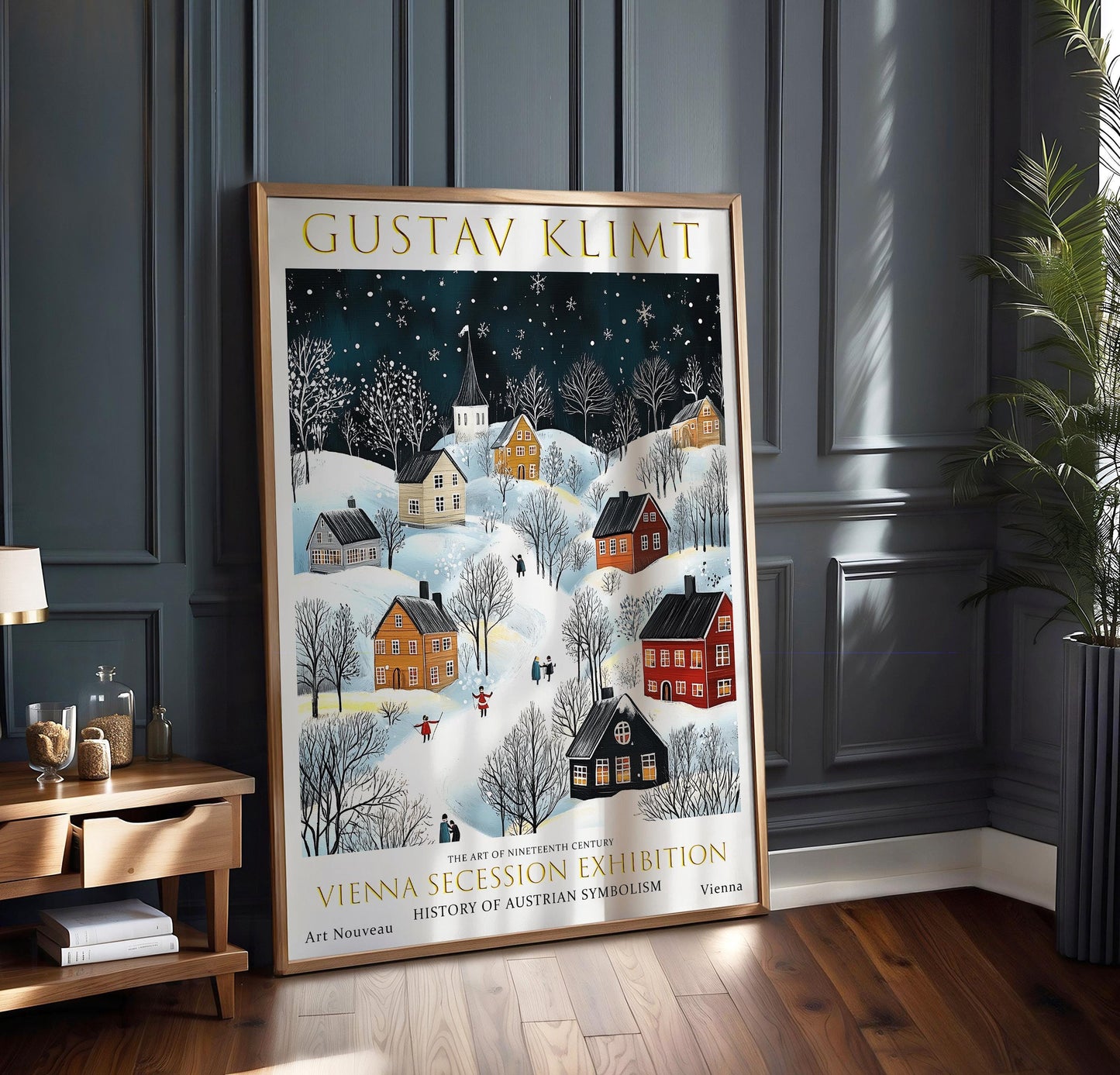 Klimt Winter Village Print – Art Nouveau Wall Art With Gold Accent & Snowy Landscape