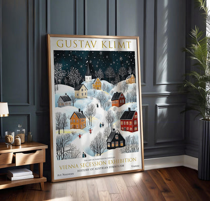 Klimt Winter Village Print – Art Nouveau Wall Art With Gold Accent & Snowy Landscape