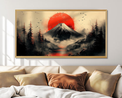 Japanese Fuji Mountain Art Print: Red Sun Zen Landscape