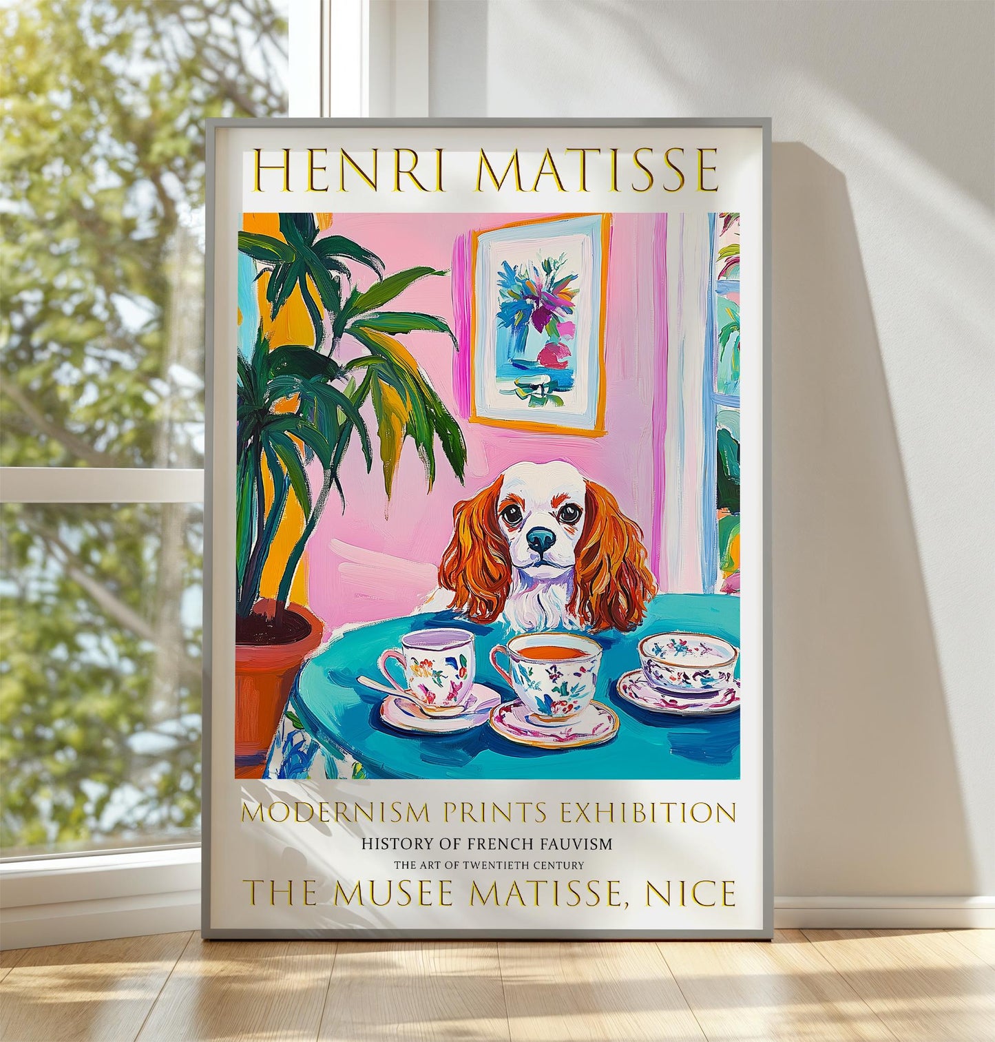 Colourful Dog in Matisse Style Wall Print, vintage poster aesthetic, gallery wall art, bold fauvist colours, Parisian decor