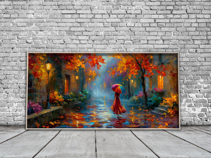 Colourful Umbrella Wall Art – Rainy Autumn Street Print – Impressionist Oil Painting