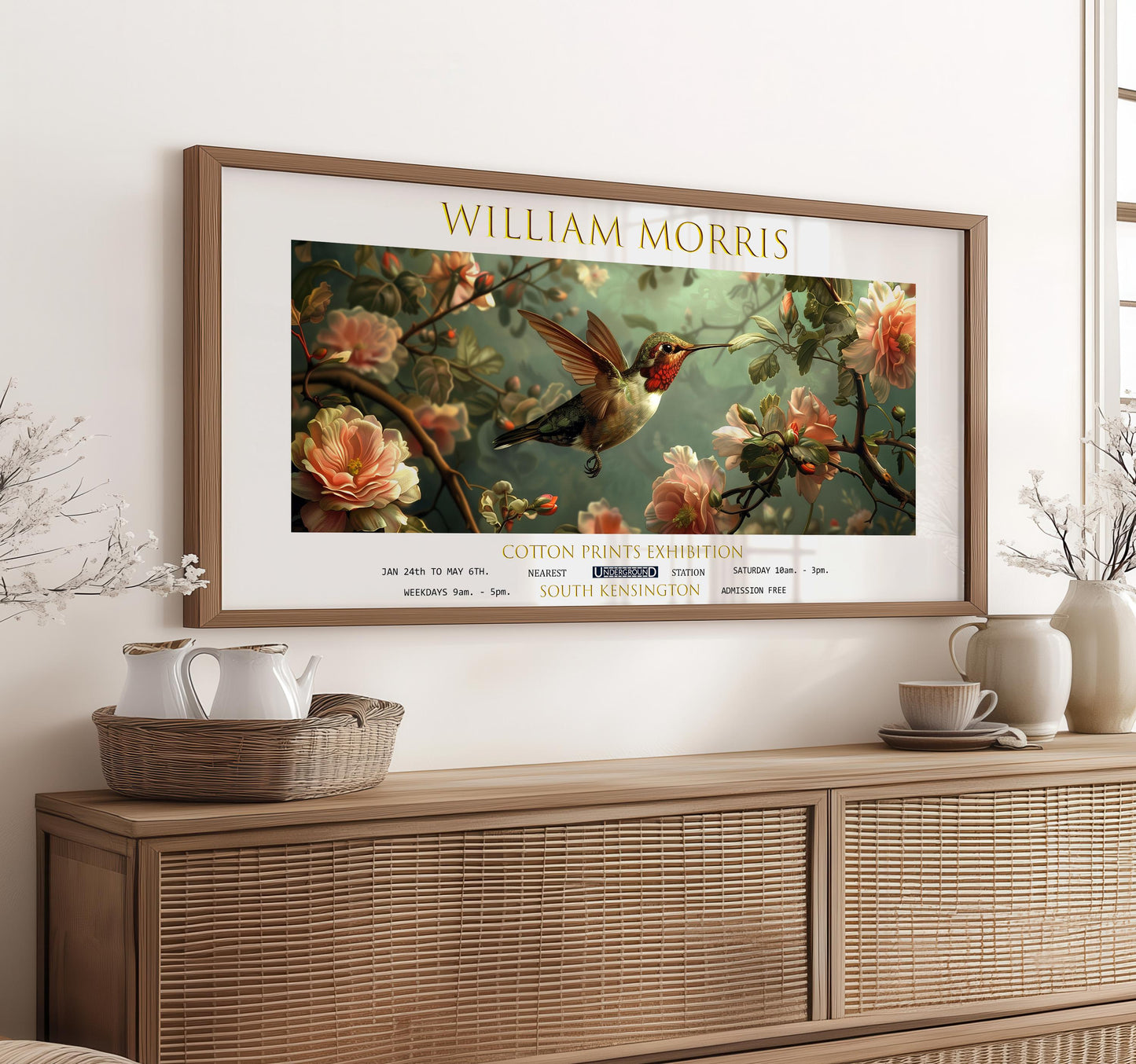 William Morris Hummingbird Print, Vintage Botanical Panoramic Wall Art