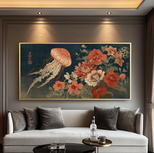 Jellyfish Poster, Ukiyo-e Floral Art, Japanese Panoramic Print
