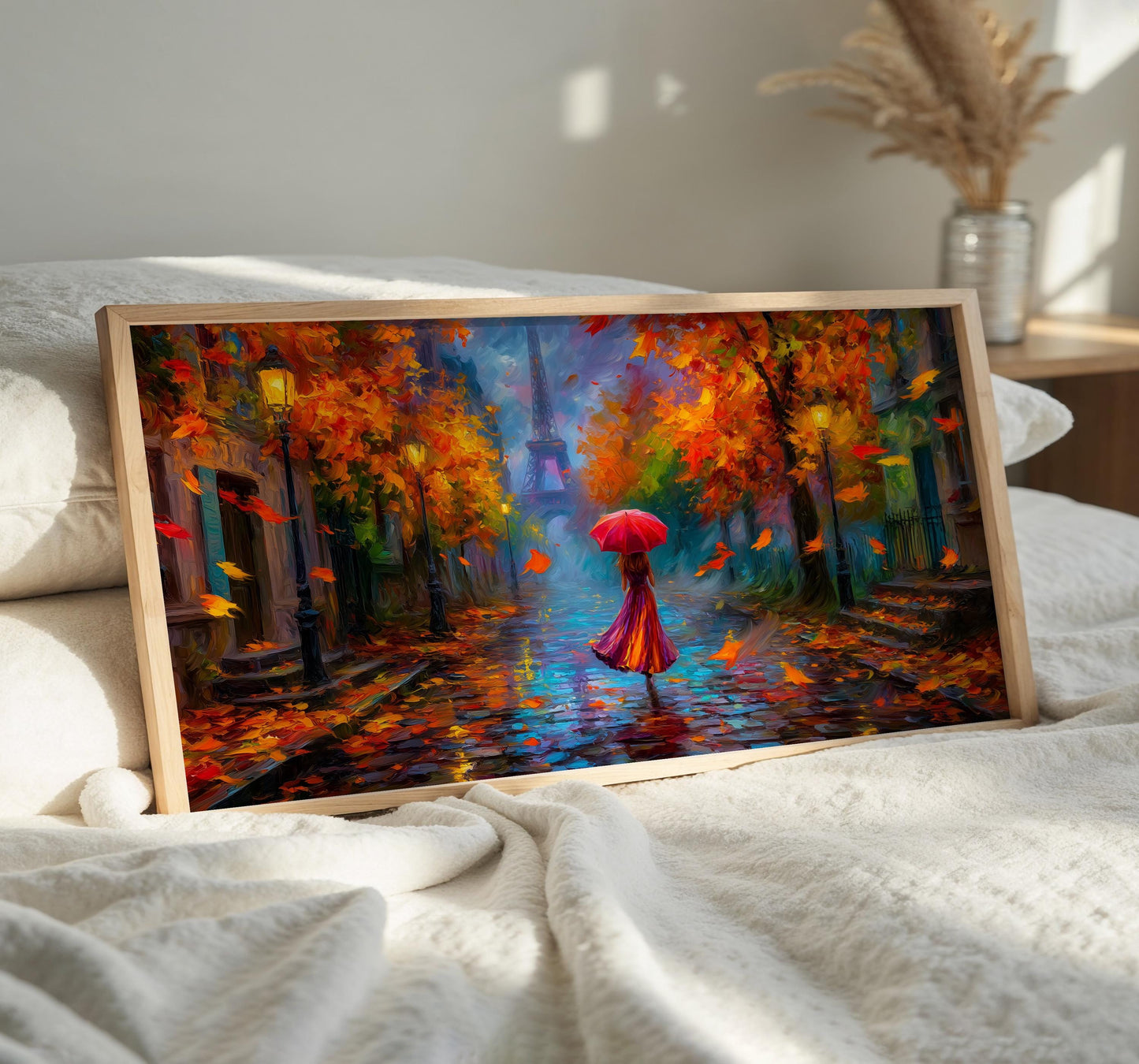 Paris Panoramic Print, Eiffel Tower Wall Art, Rainy Paris Art, Colourful Umbrella, Impressionist Oil Painting