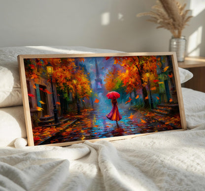 Paris Panoramic Print, Eiffel Tower Wall Art, Rainy Paris Art, Colourful Umbrella, Impressionist Oil Painting
