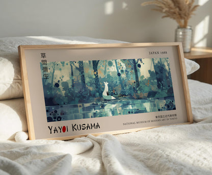 Panoramic print, Japanese fox wildlife art, woodblock style wall art