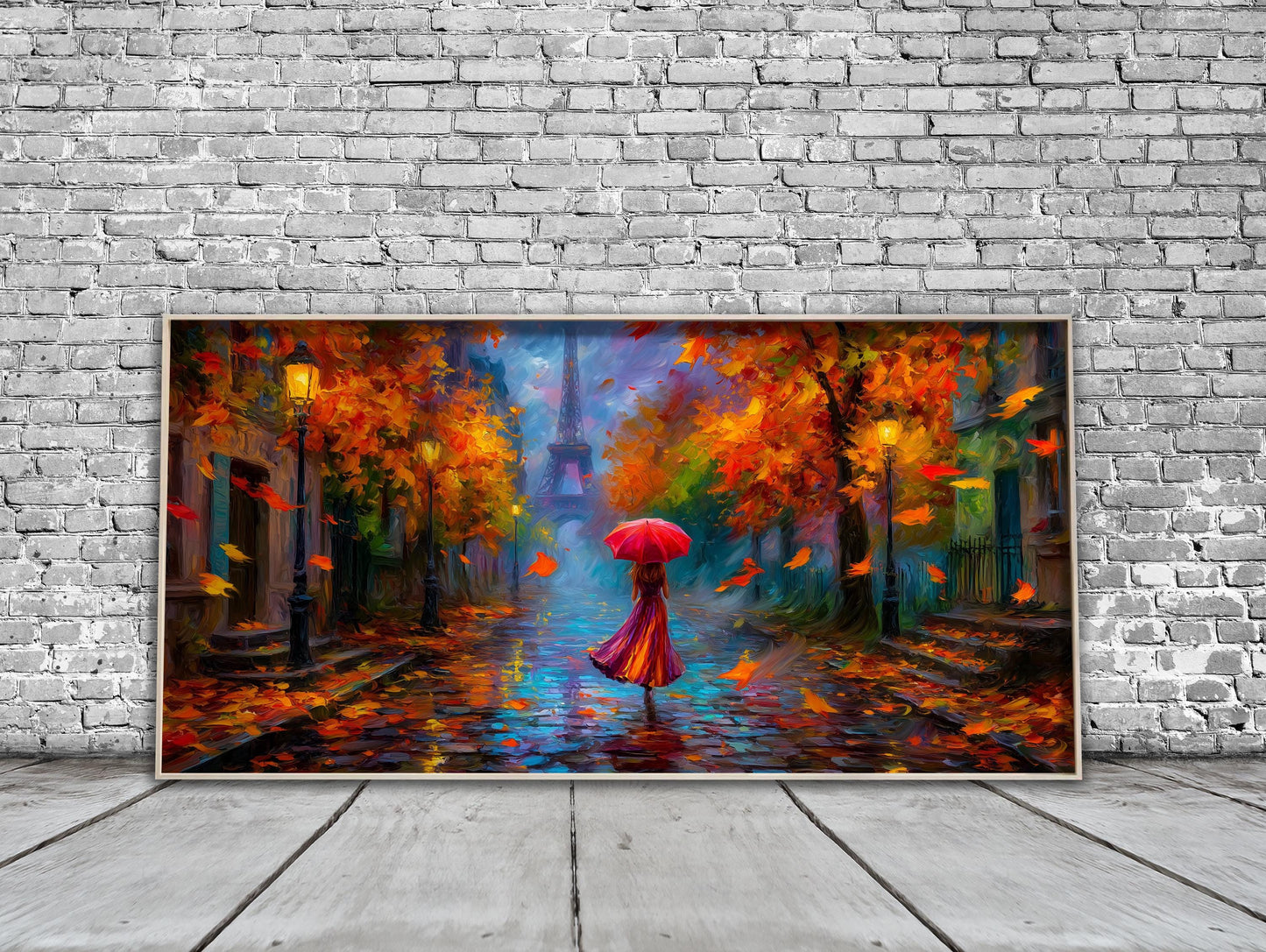 Eiffel Tower Panoramic Print, Rainy Paris Art, Impressionist Oil Painting Style