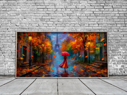Eiffel Tower Panoramic Print, Rainy Paris Art, Impressionist Oil Painting Style