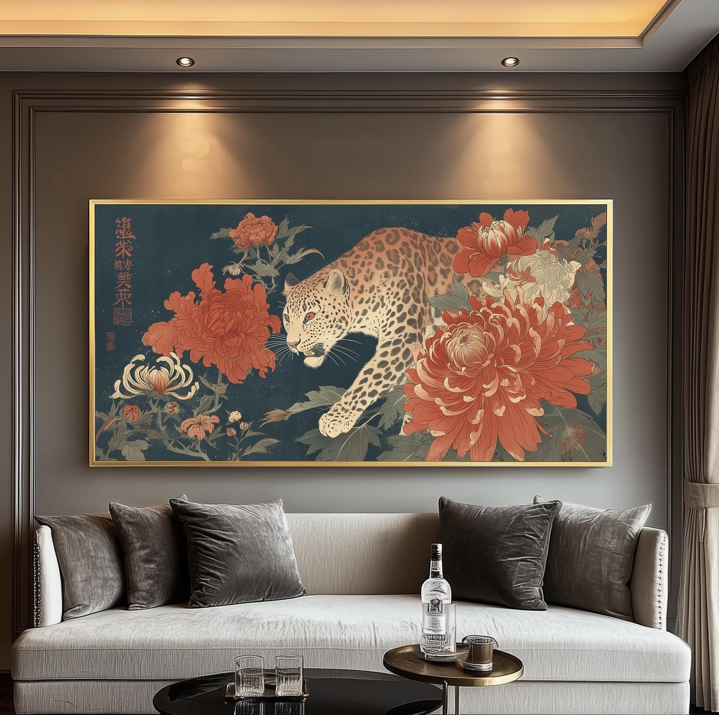 Japanese Leopard Poster Print – Navy Blue and Red Bedroom Wall Art Large Panoramic Art