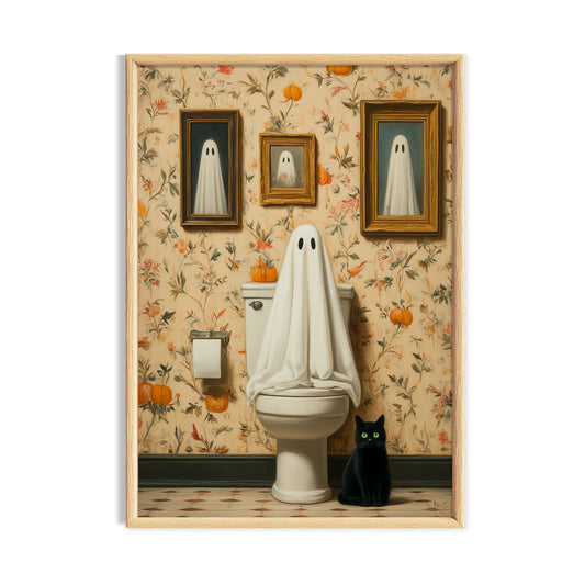 Ghost bathroom cottagecore Halloween print with black cat and pumpkins