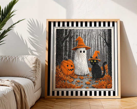 Ghost and black cat Halloween print displayed in a light wood square frame beside a neutral sofa