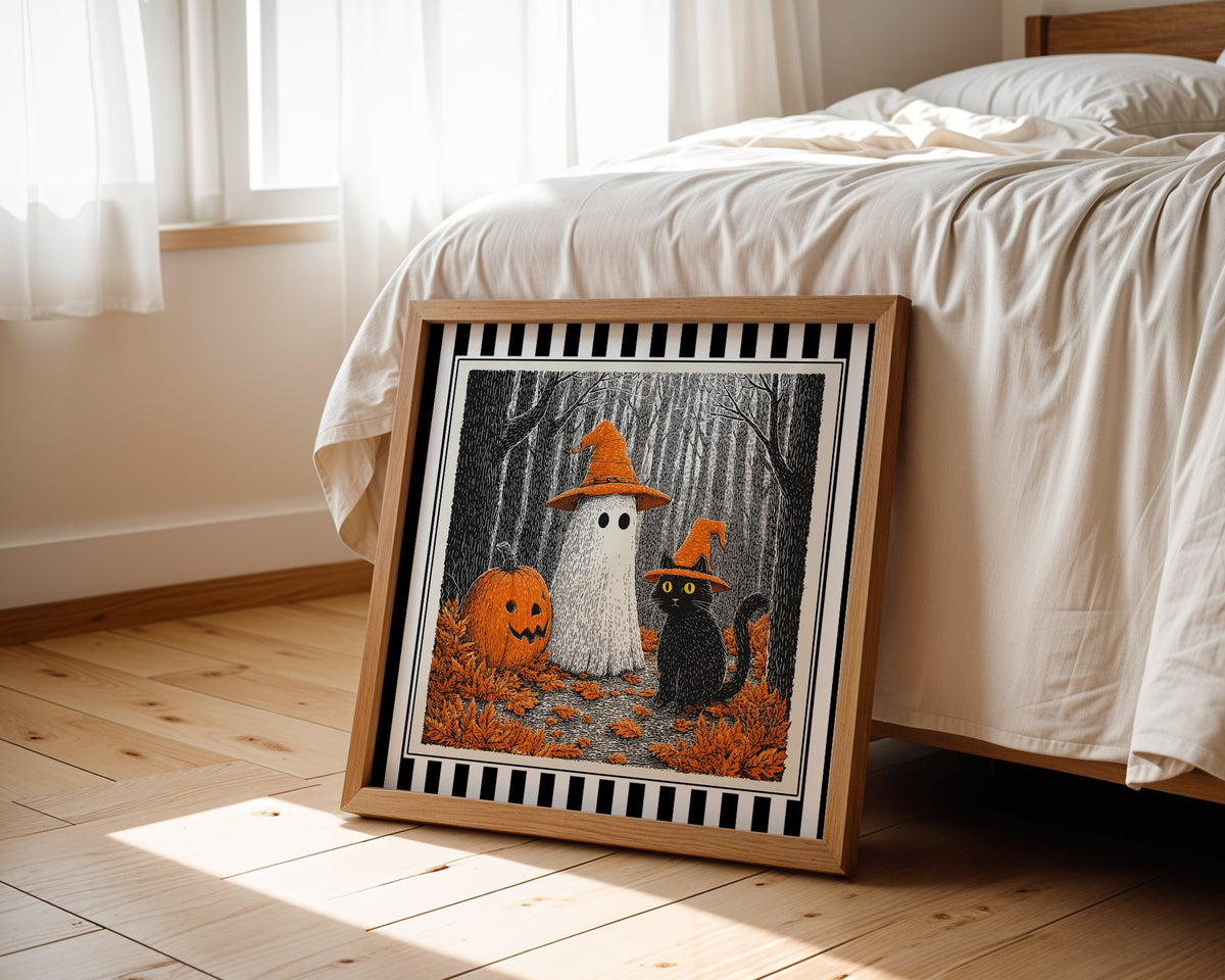 Ghost and black cat Halloween print displayed beside a bed in a light wood square frame