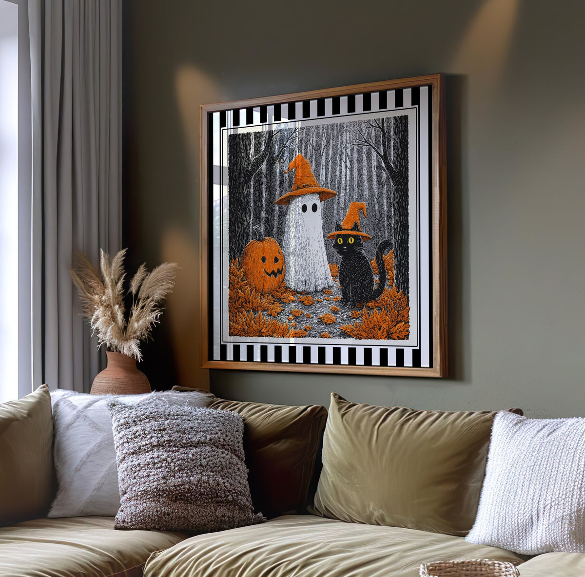 Ghost and black cat Halloween wall art displayed on a dark green wall above a sofa