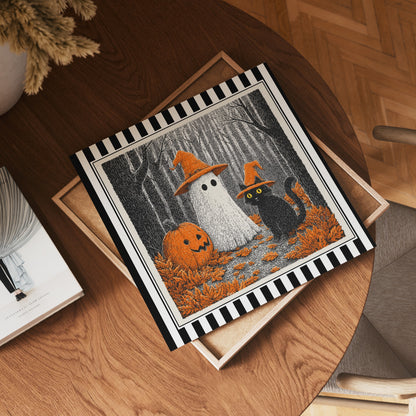Square ghost and black cat Halloween print displayed flat on a wooden table