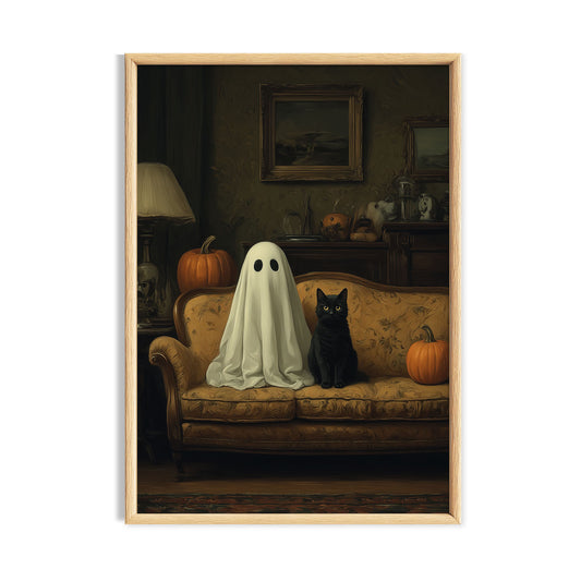 Sheet ghost and black cat sitting on a vintage sofa with pumpkins dark cottagecore Halloween art